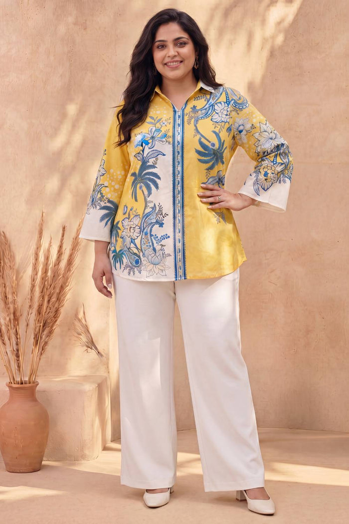 Plus Size Yellow Floral Printed Cotton Top