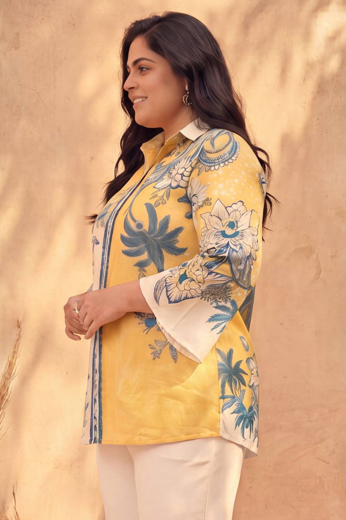 Plus Size Yellow Floral Printed Cotton Top