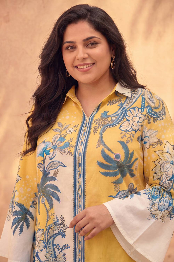 Plus Size Yellow Floral Printed Cotton Top