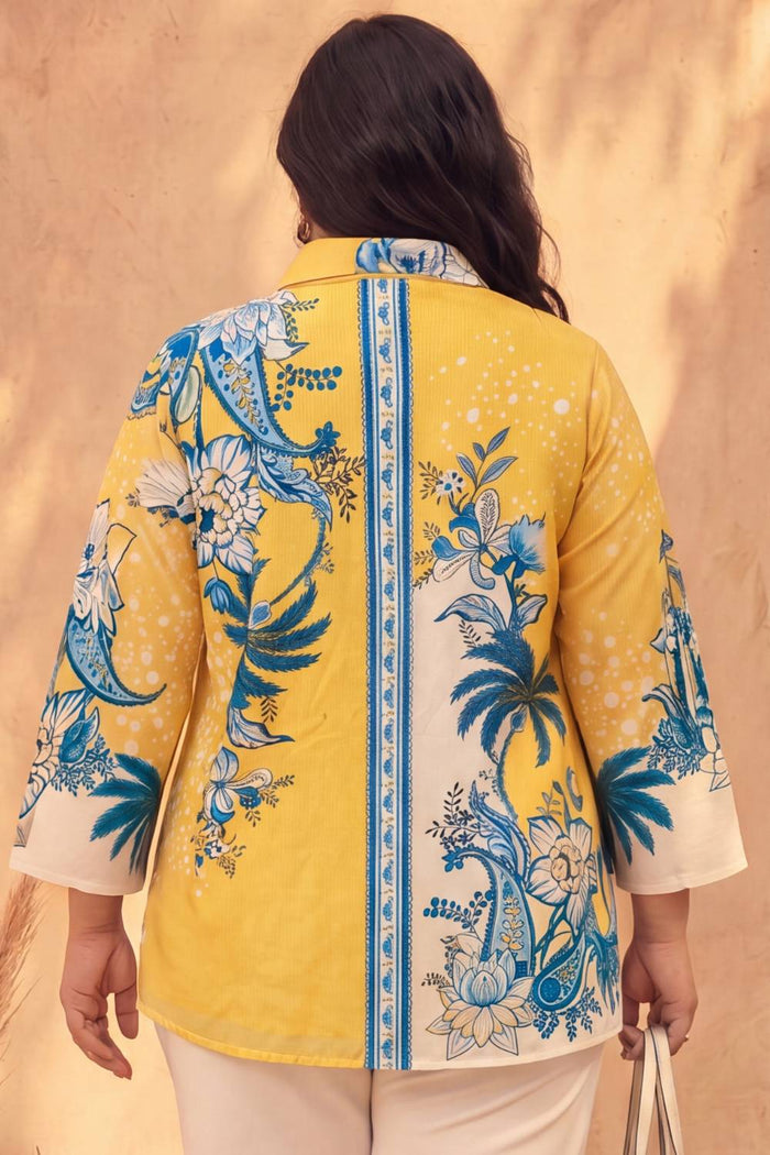 Plus Size Yellow Floral Printed Cotton Top