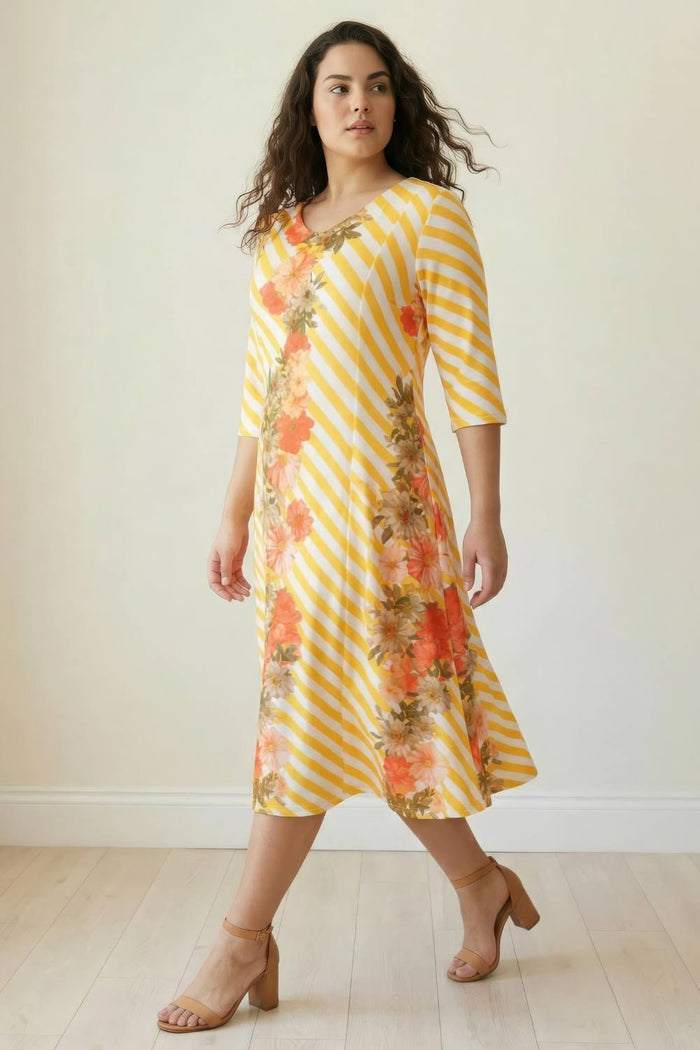 Plus Size Yellow Floral Stripe A line Dress