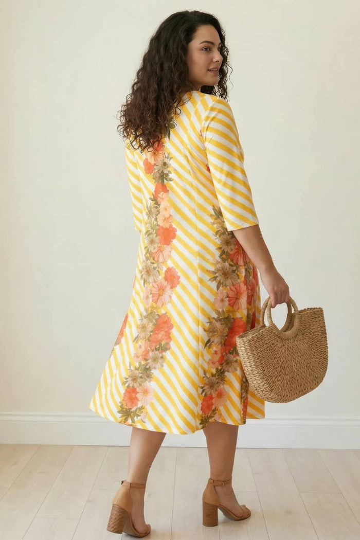 Plus Size Yellow Floral Stripe A line Dress