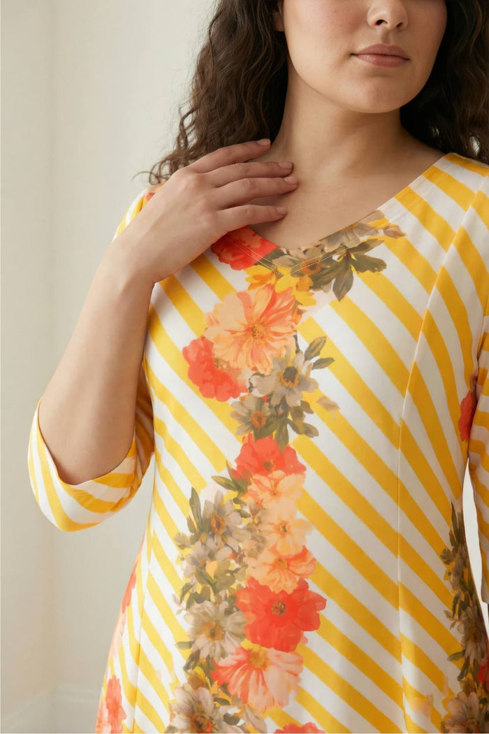 Plus Size Yellow Floral Stripe A line Dress