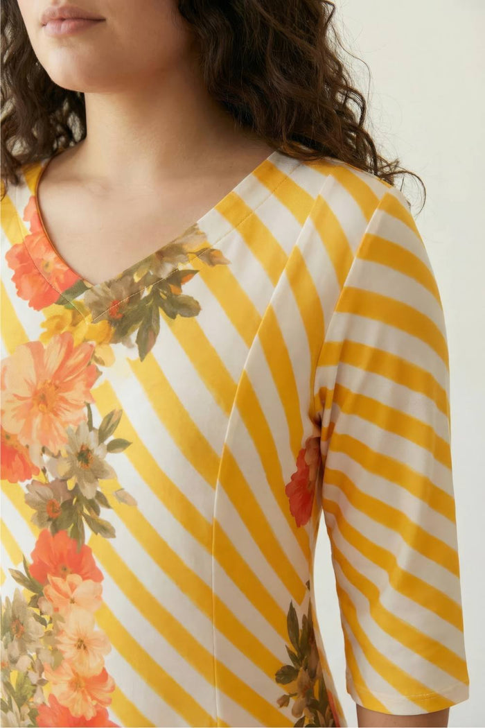 Plus Size Yellow Floral Stripe A line Dress