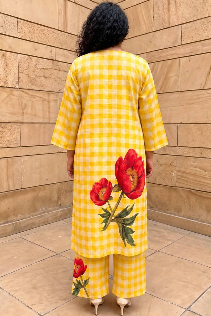 Plus Size Yellow Gingham Floral Print Cotton kurta Coord Set
