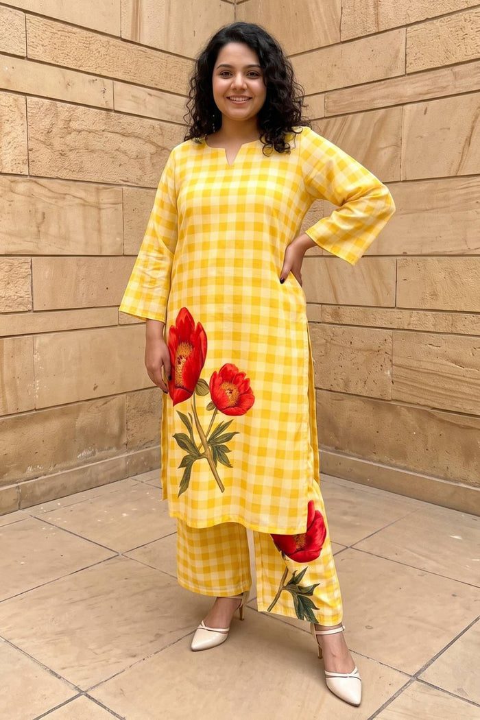 Plus Size Yellow Gingham Floral Print Cotton kurta Coord Set