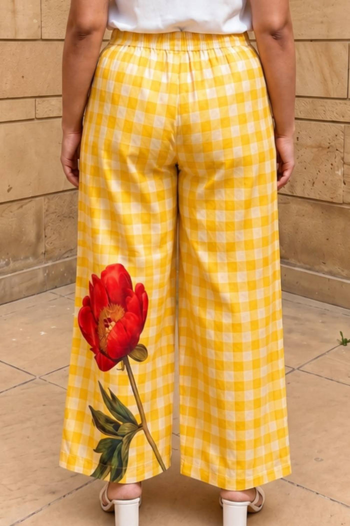 Plus Size Yellow Gingham Floral Print Cotton kurta Coord Set