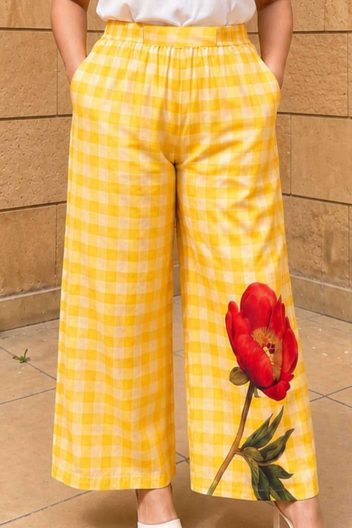 Plus Size Yellow Gingham Floral Print Cotton kurta Coord Set