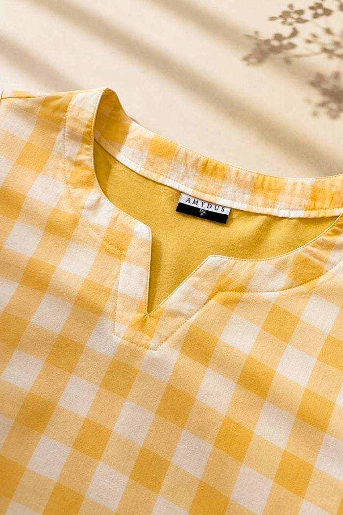 Plus Size Yellow Gingham Floral Print Cotton kurta Coord Set