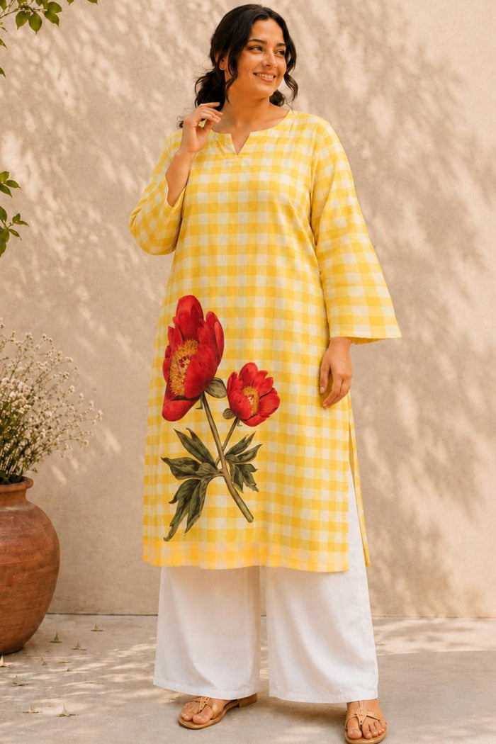Plus Size Yellow Gingham Floral Print Cotton Kurta