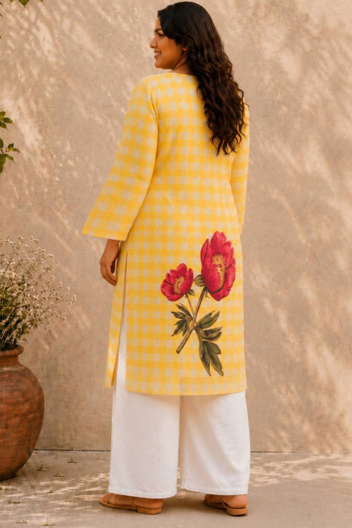 Plus Size Yellow Gingham Floral Print Cotton Kurta