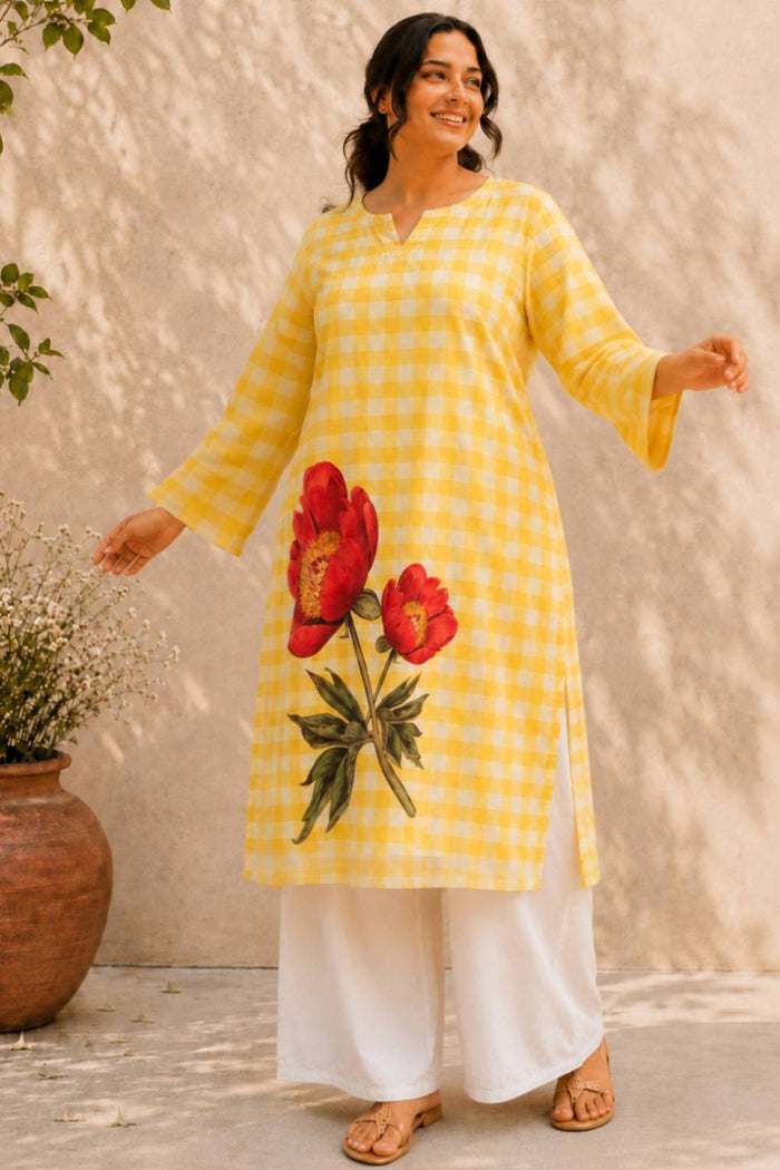 Plus Size Yellow Gingham Floral Print Cotton Kurta