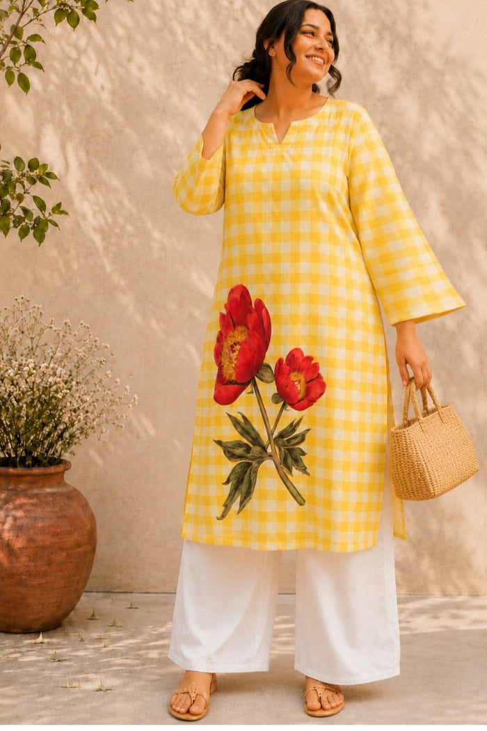 Plus Size Yellow Gingham Floral Print Cotton Kurta
