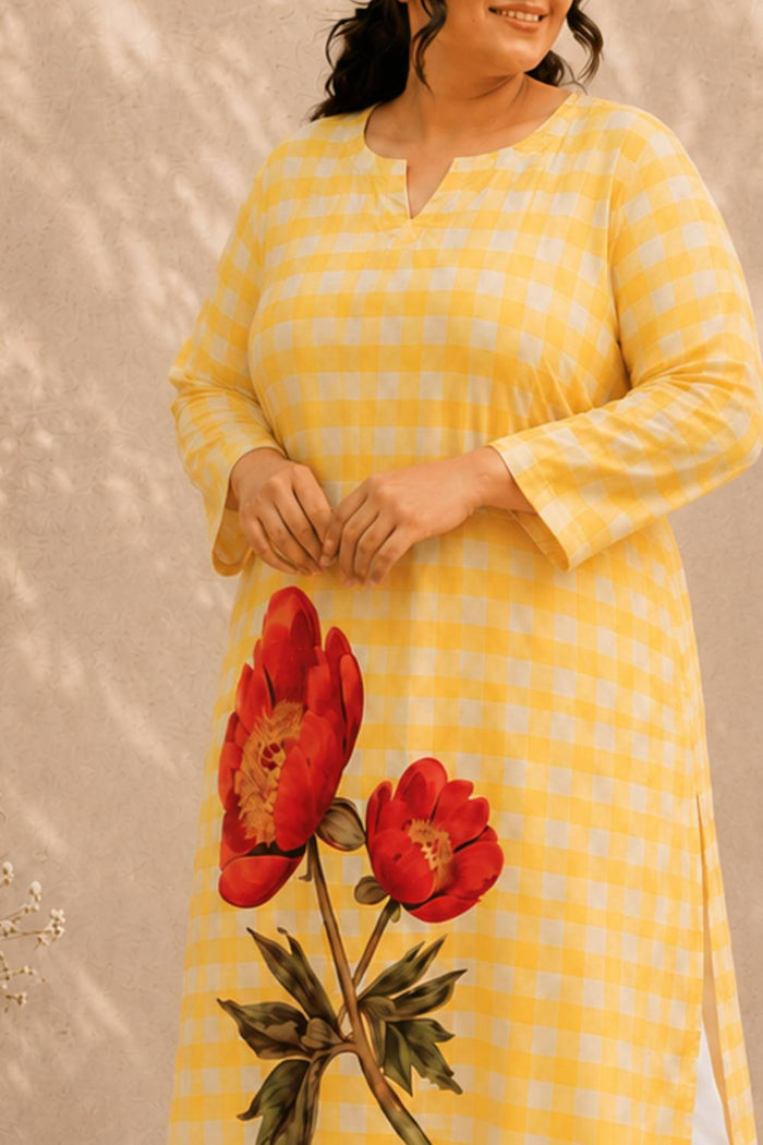 Plus Size Yellow Gingham Floral Print Cotton Kurta