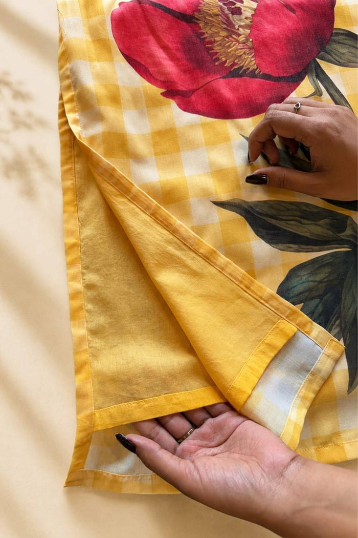 Plus Size Yellow Gingham Floral Print Cotton Kurta
