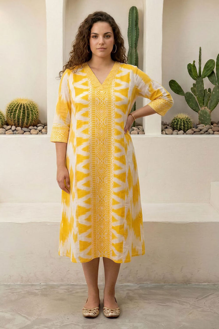 Plus Size Yellow Ikat Print Cotton Midi Dress