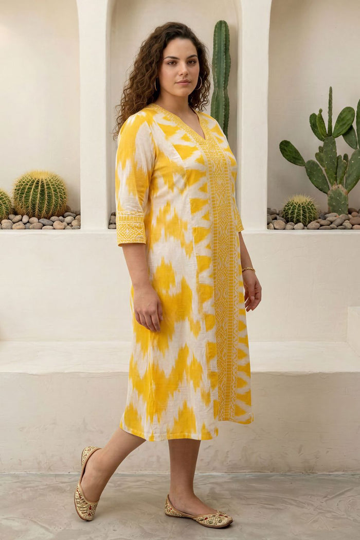 Plus Size Yellow Ikat Print Cotton Midi Dress
