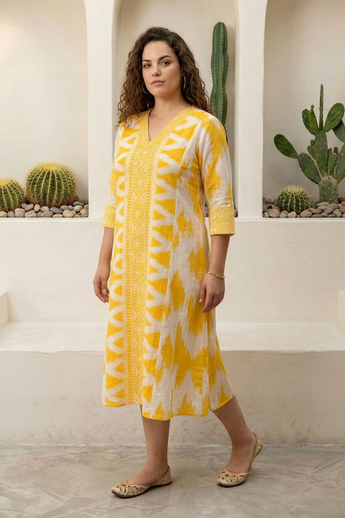 Plus Size Yellow Ikat Print Cotton Midi Dress