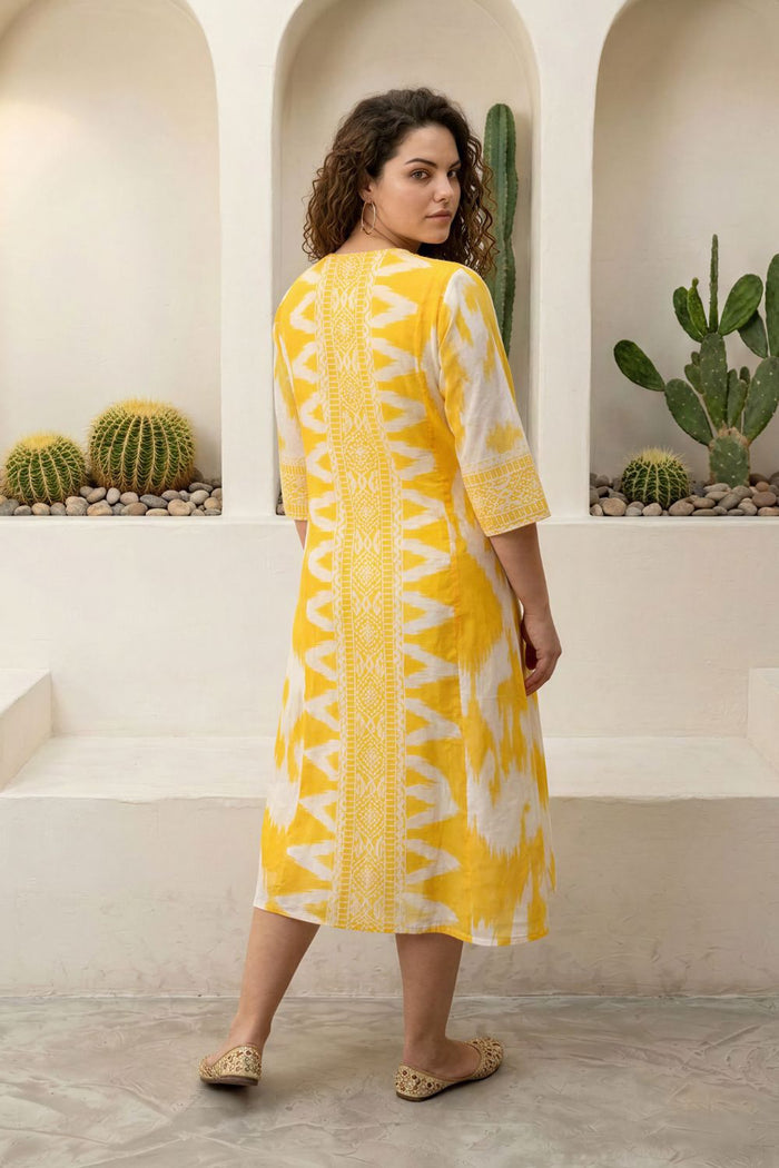 Plus Size Yellow Ikat Print Cotton Midi Dress