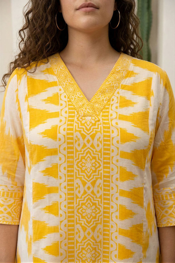 Plus Size Yellow Ikat Print Cotton Midi Dress