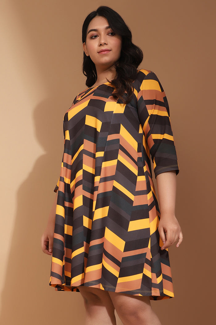 Plus Size Yellow Midi Dress in Chevron Play Print