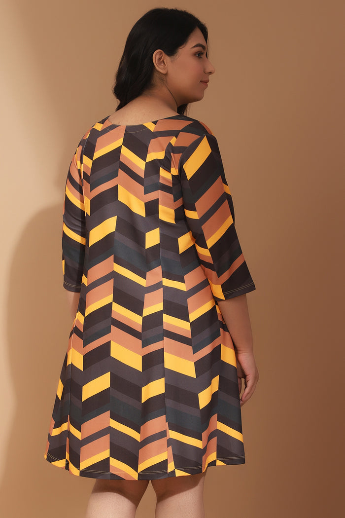 Plus Size Yellow Midi Dress in Chevron Play Print