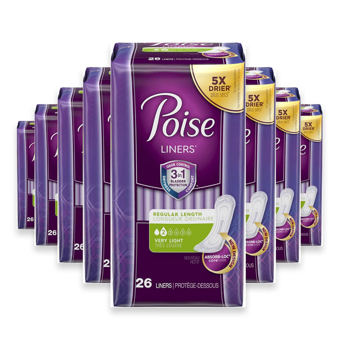 Poise Incontinence Liners Very Light Absorbency Regular Length - 26 Ct - 8 Pack