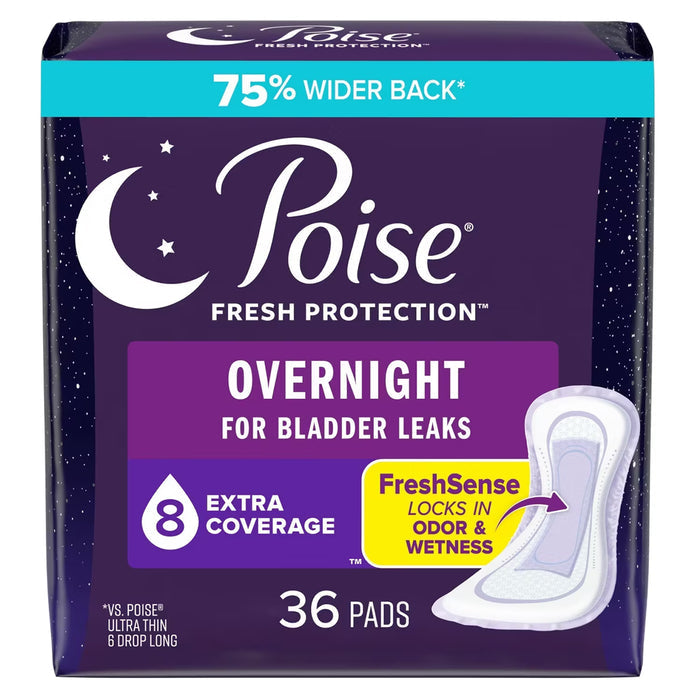 Poise Overnight Incontinence Pads Ultimate Extra Coverage, 8 Drop - 36 Ct - 2 Pack
