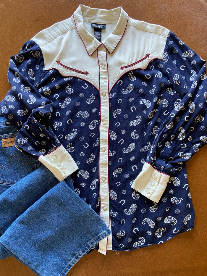 Pre-Loved Wrangler Retro Navy/Burgundy Pearl Snap With Yokes Shirt *XL - Deer Creek Mercantile