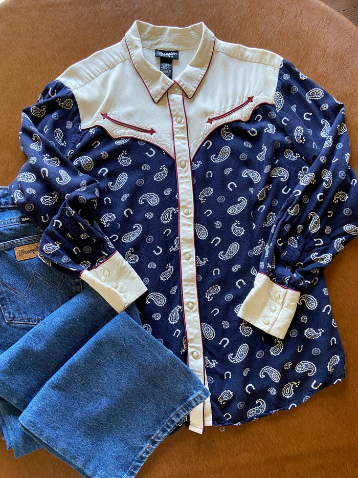 Pre-Loved Wrangler Retro Navy/Burgundy Pearl Snap With Yokes Shirt *XL - Deer Creek Mercantile