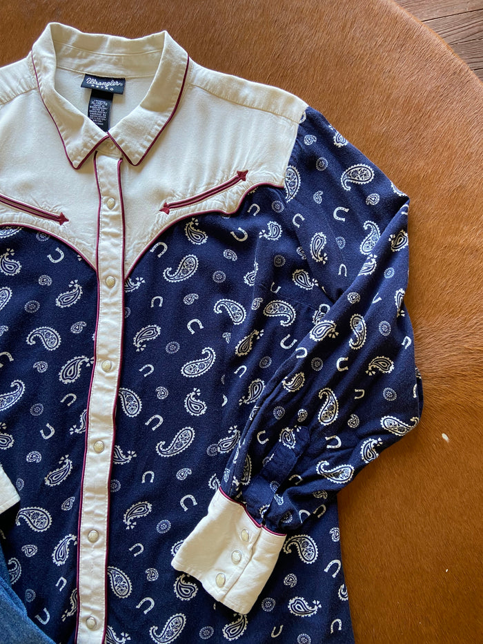 Pre-Loved Wrangler Retro Navy/Burgundy Pearl Snap With Yokes Shirt *XL - Deer Creek Mercantile