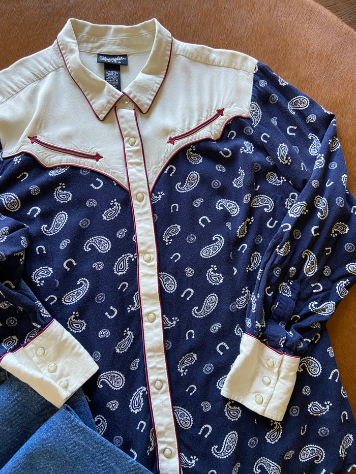 Pre-Loved Wrangler Retro Navy/Burgundy Pearl Snap With Yokes Shirt *XL - Deer Creek Mercantile