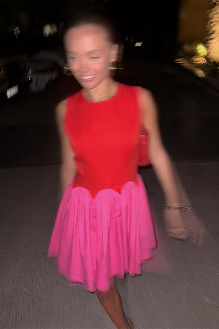 Red and Pink Mini Monika Dress featuring a panelled corset top and scalloped pleated mini skirt.