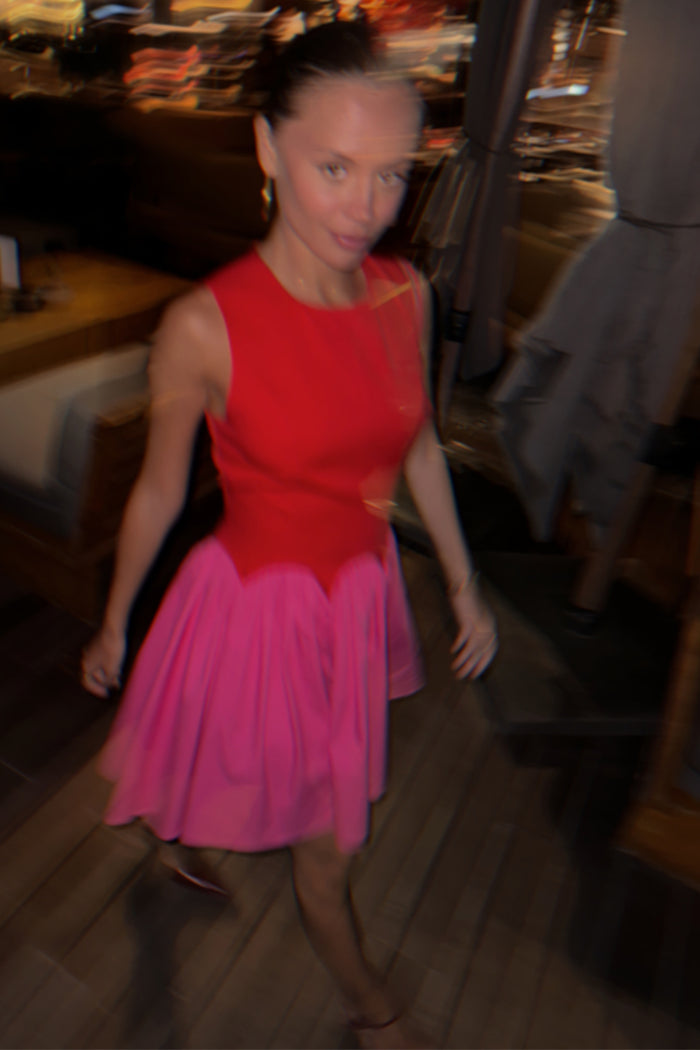Red and Pink Mini Monika Dress with a panelled corset top and pleated skirt, shown in a motion-blurred evening style.