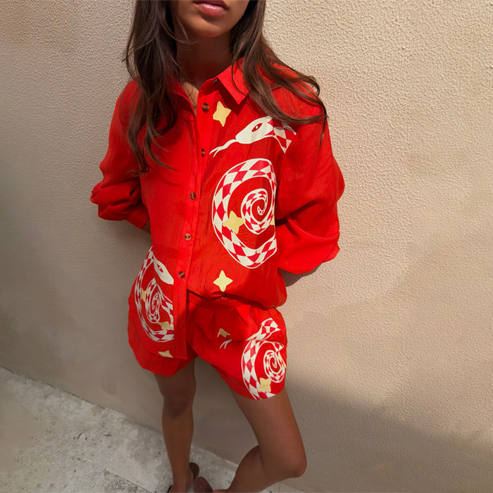 Red Snake Miley Shirt with a hand-painted snake motif, styled as a lightweight co-ord with matching shorts.