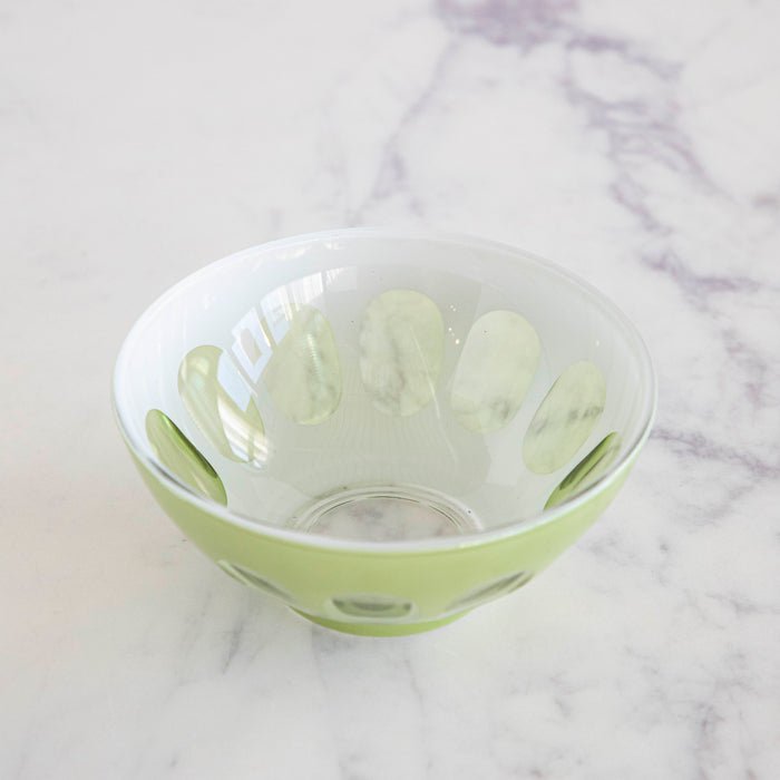 The inside of a Rialto Pale Sage Glass Bowl showing its opaque center.