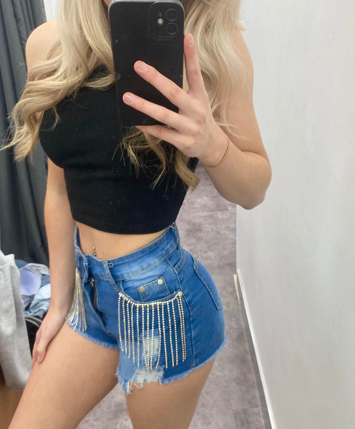 Ribbed Denim Dazzle Festival Shorts - Trendy and Stylish Ribbed Denim Festival Shorts for Your Next Adventure - Style Heist