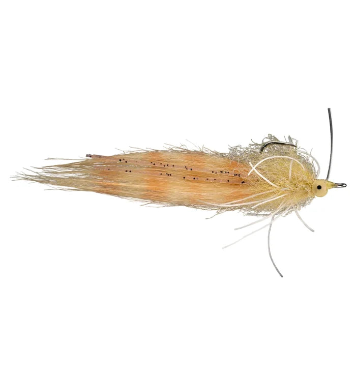 Rio Lip Lettuce fly with translucent orange body and pale yellow bead chain eye for redfish