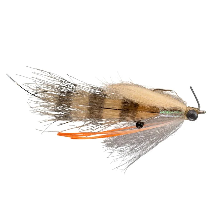 Rio tan shrimp bonefish fly with black bead head and green ribbing