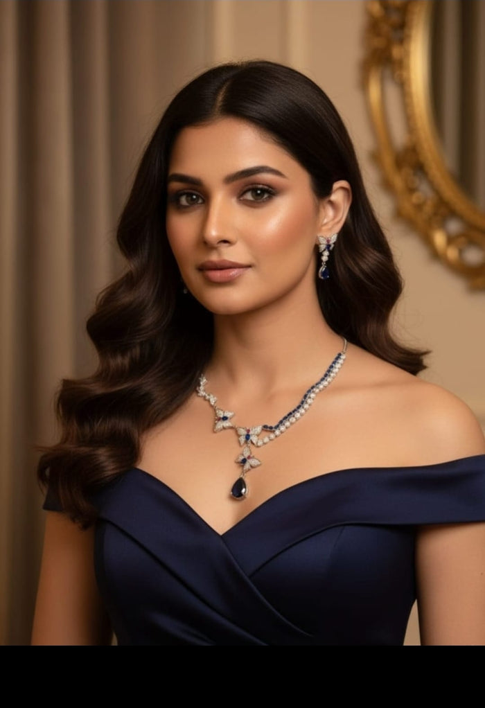 MOHAR delicate royal blue butterfly-motif American Diamond necklace set