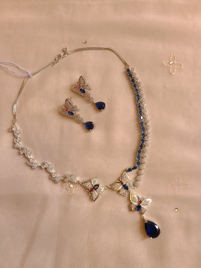 MOHAR delicate royal blue butterfly-motif American Diamond necklace set