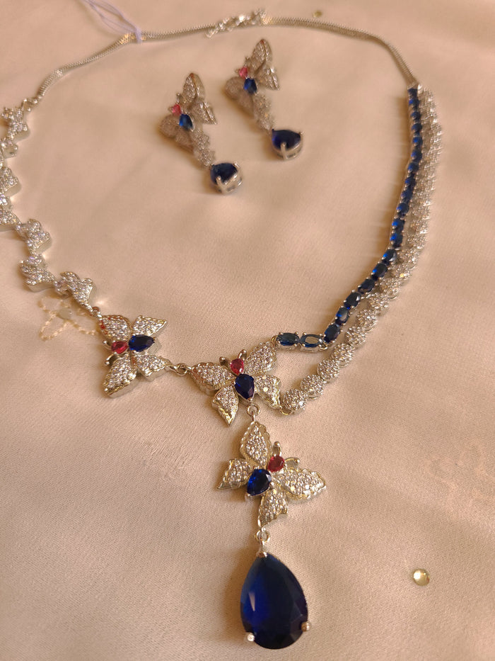 MOHAR delicate royal blue butterfly-motif American Diamond necklace set