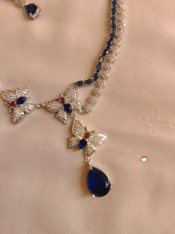 MOHAR delicate royal blue butterfly-motif American Diamond necklace set