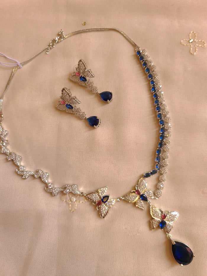 MOHAR delicate royal blue butterfly-motif American Diamond necklace set