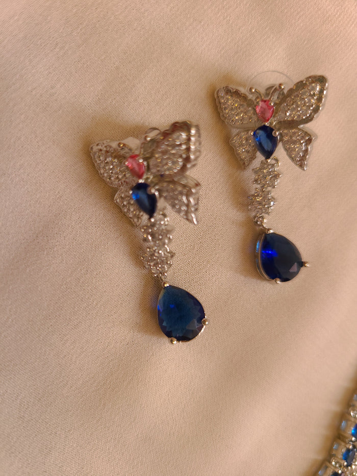 MOHAR delicate royal blue butterfly-motif American Diamond necklace set