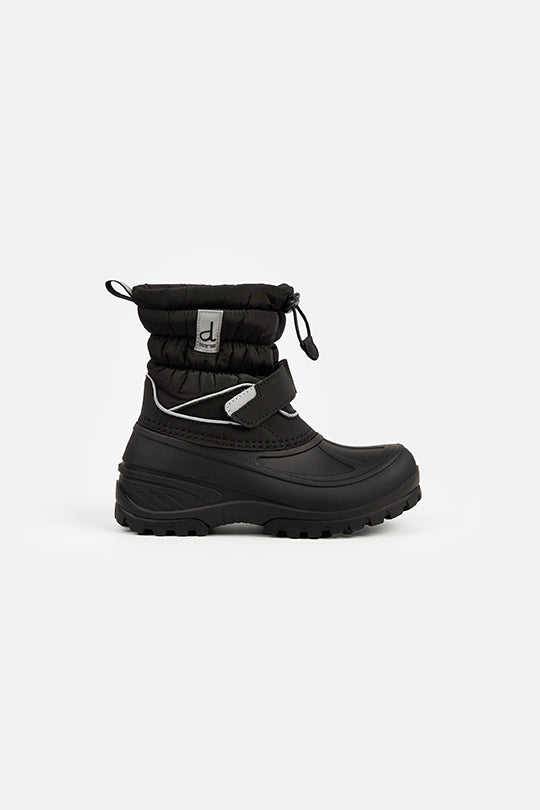 Deux par Deux toddler black puffer winter boots – single boot, outer side view