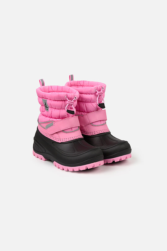 Deux par Deux girls' pink puffer winter boots – pair, front three-quarter view
