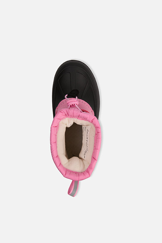 Deux par Deux girls' pink puffer winter boots – top view into the fleece-lined opening