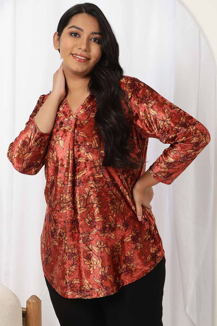 Rust Blossom V Neck Velvet Top