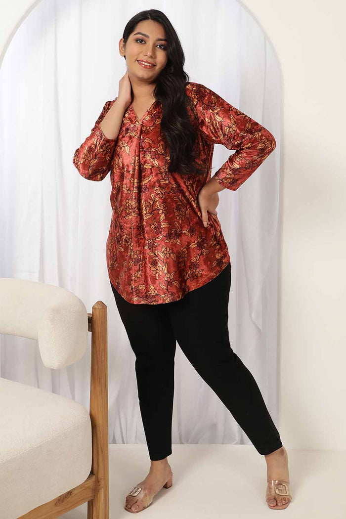 Rust Blossom V Neck Velvet Top